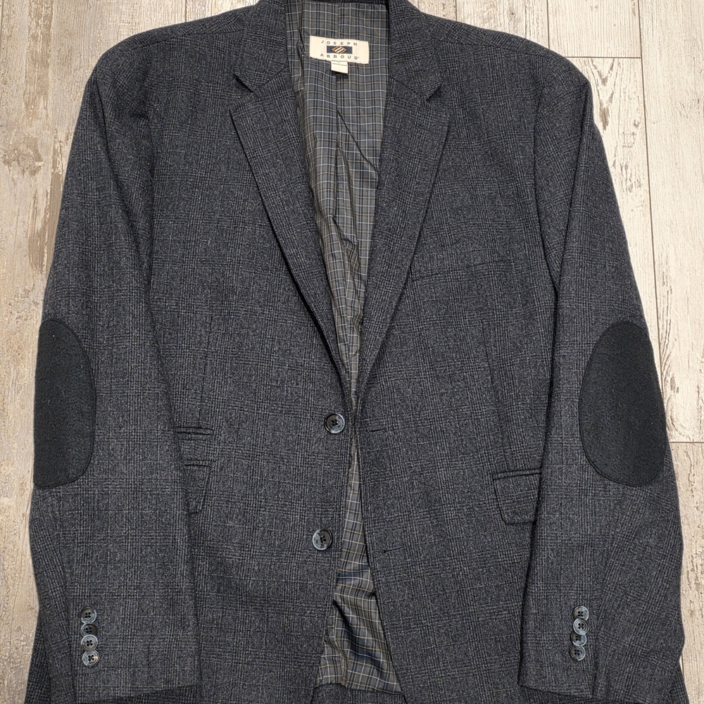 (L) Men's Joseph Abboud Tartan Blazer Dark Blue Gray Elbow Pads Sport Coat 42-44